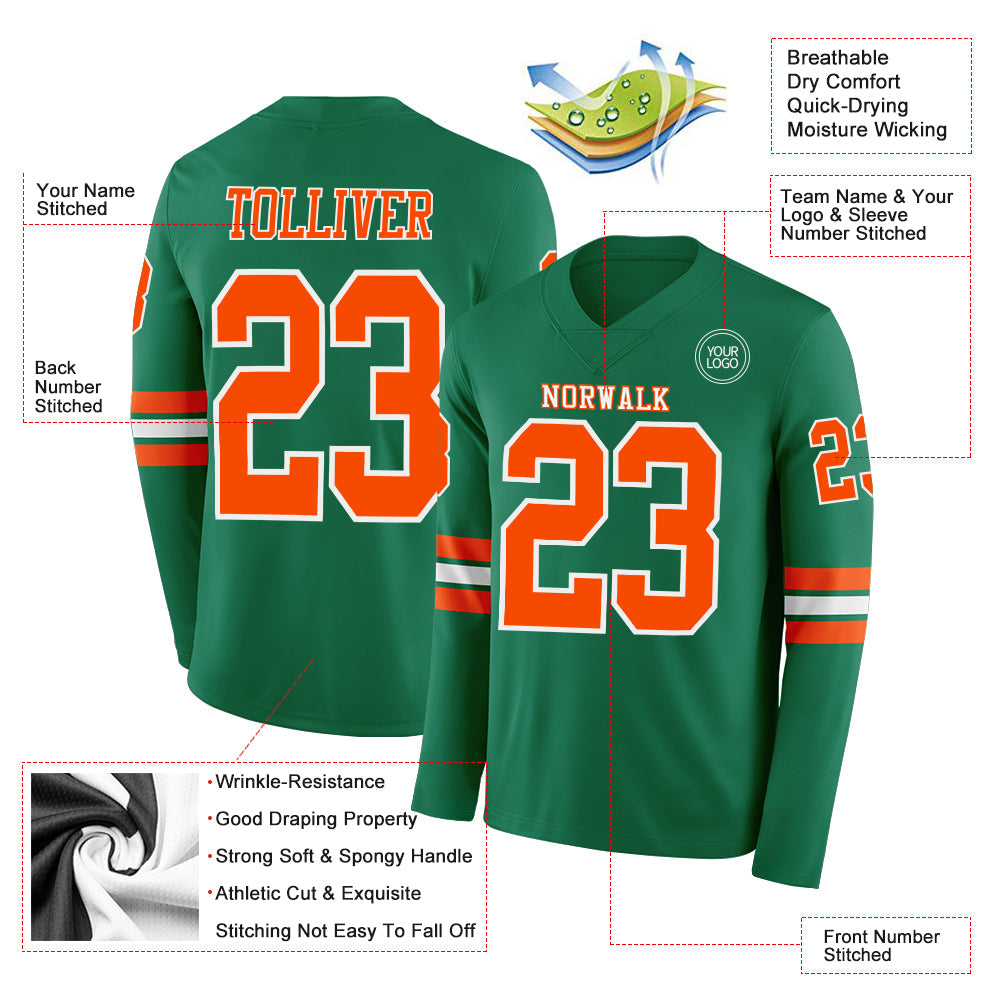 Custom Kelly Green Orange-White Long Sleeve Authentic Football Jersey