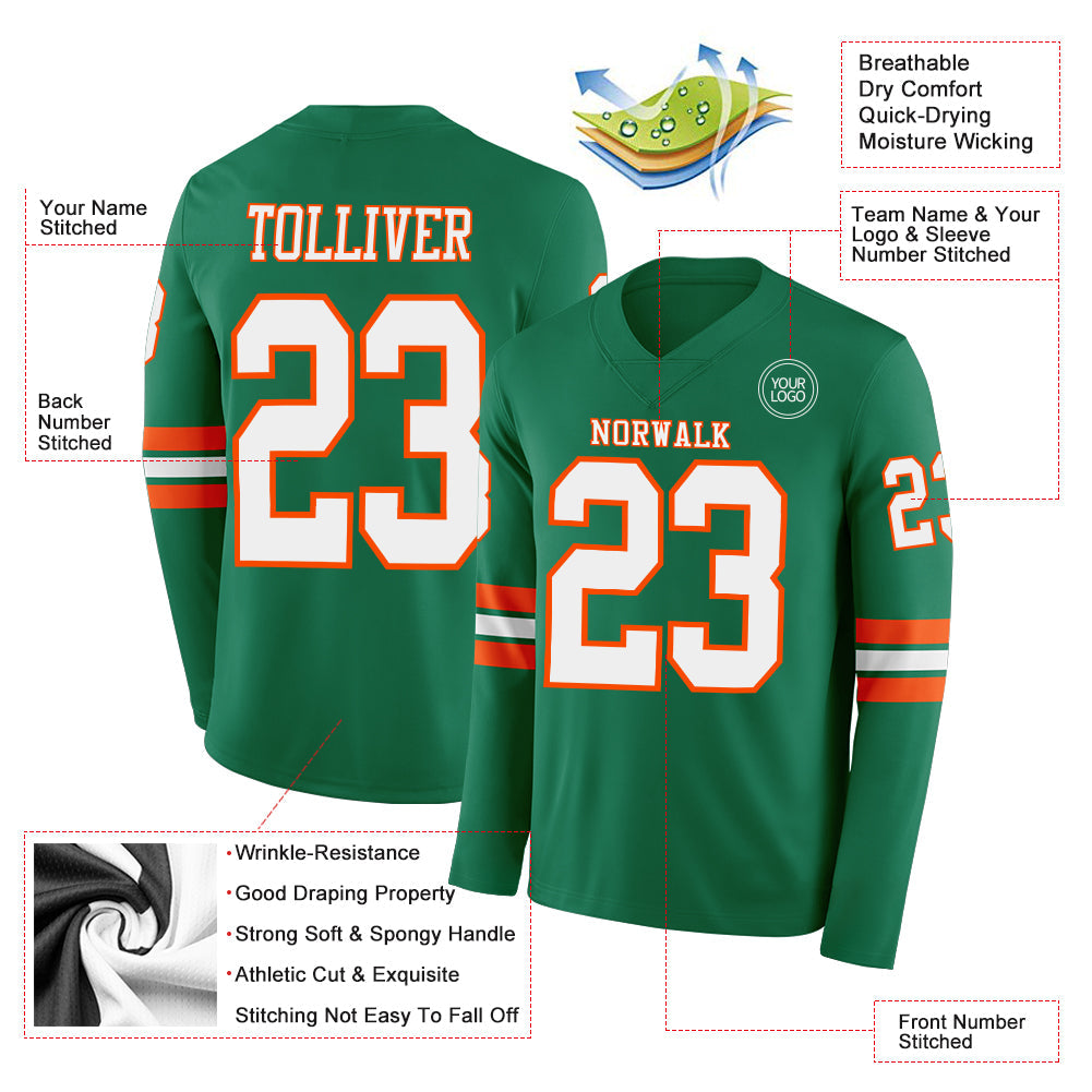 Custom Kelly Green White-Orange Long Sleeve Authentic Football Jersey