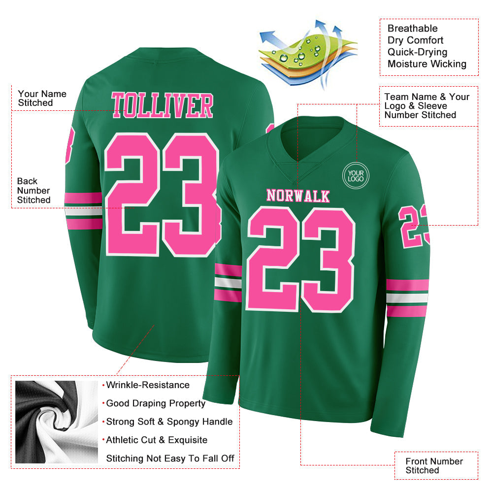 Custom Kelly Green Pink-White Long Sleeve Authentic Football Jersey