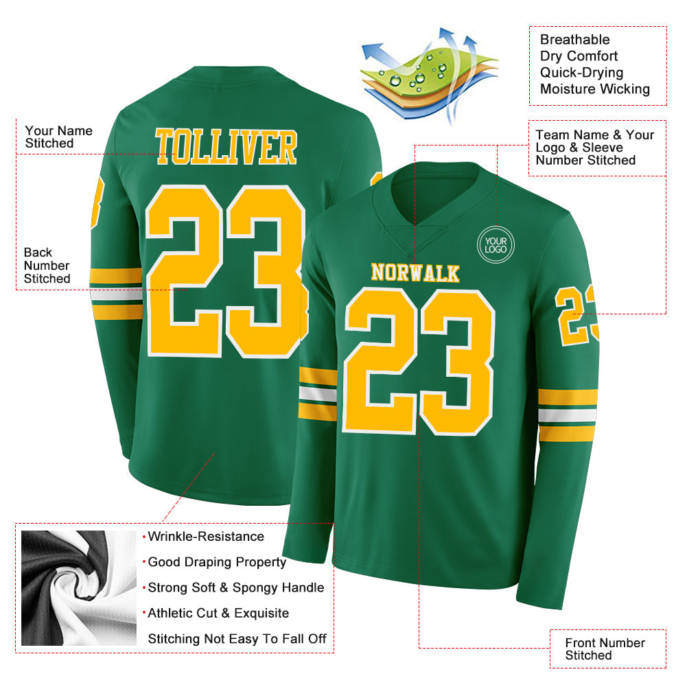 Custom Kelly Green Gold-White Long Sleeve Authentic Football Jersey