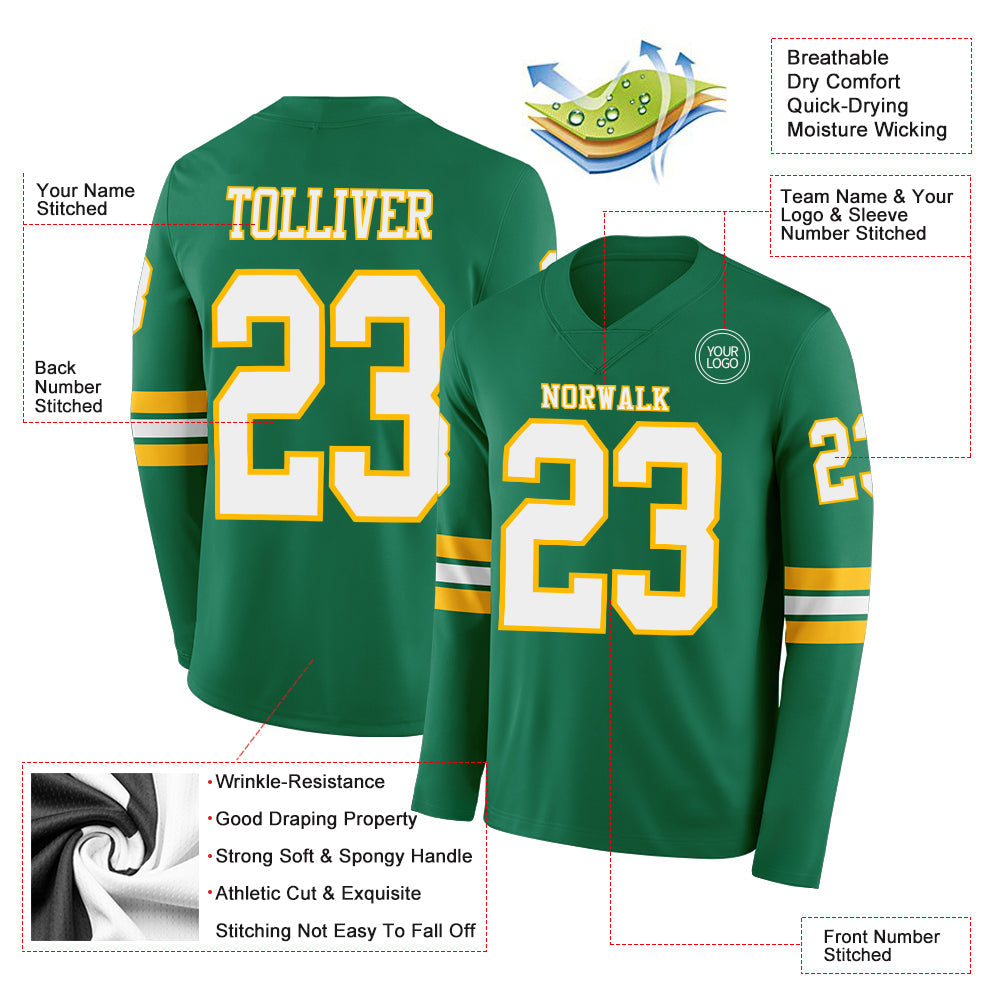 Custom Kelly Green White-Gold Long Sleeve Authentic Football Jersey