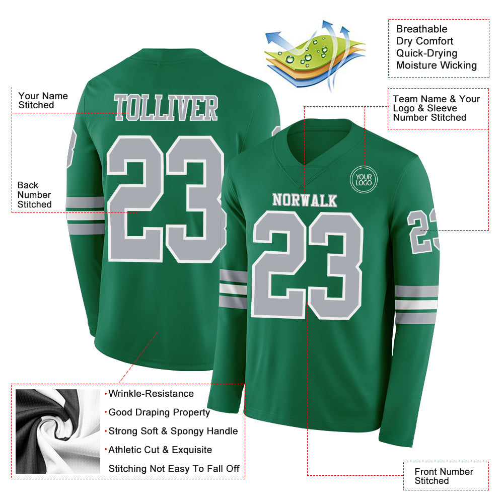Custom Kelly Green Gray-White Long Sleeve Authentic Football Jersey