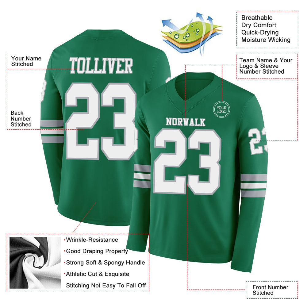 Custom Kelly Green White-Gray Long Sleeve Authentic Football Jersey