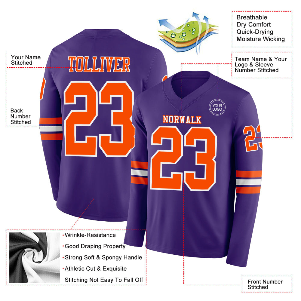 Custom Purple Orange-White Long Sleeve Authentic Football Jersey