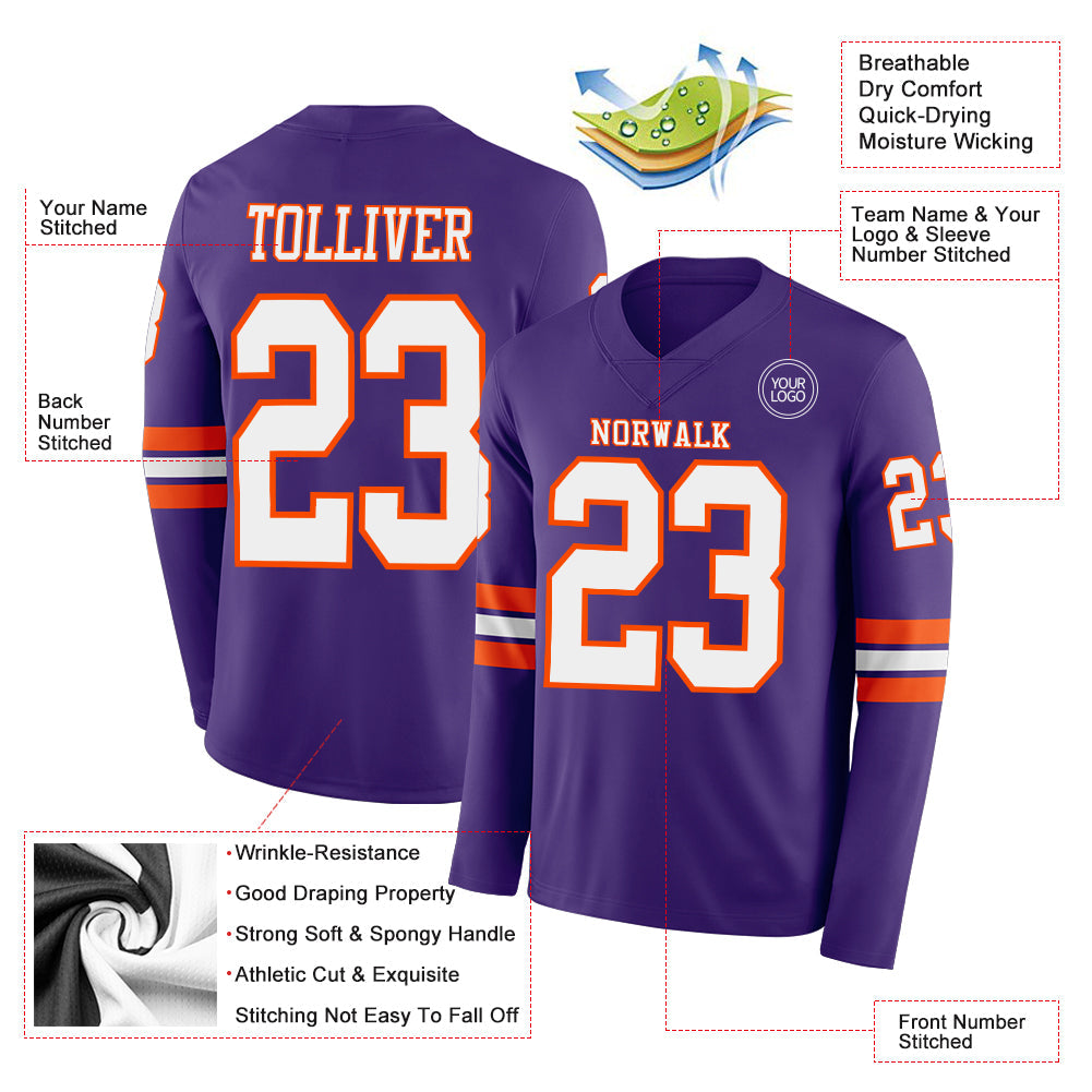 Custom Purple White-Orange Long Sleeve Authentic Football Jersey