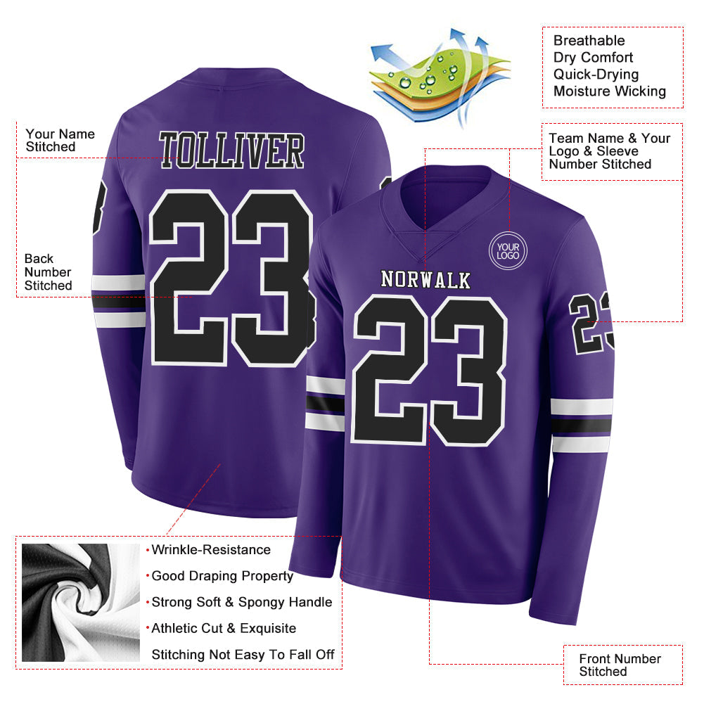 Custom Purple Black-White Long Sleeve Authentic Football Jersey