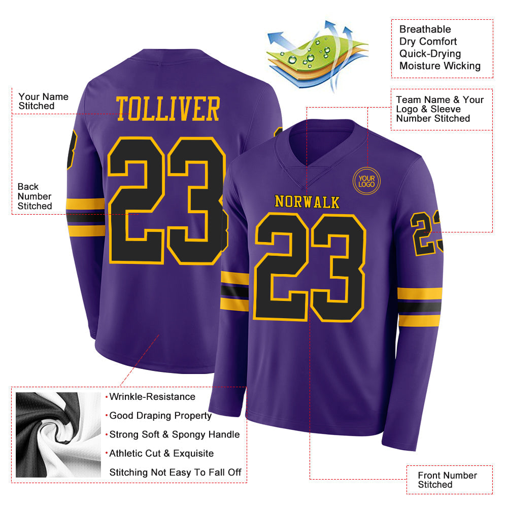 Custom Purple Black-Gold Long Sleeve Authentic Football Jersey