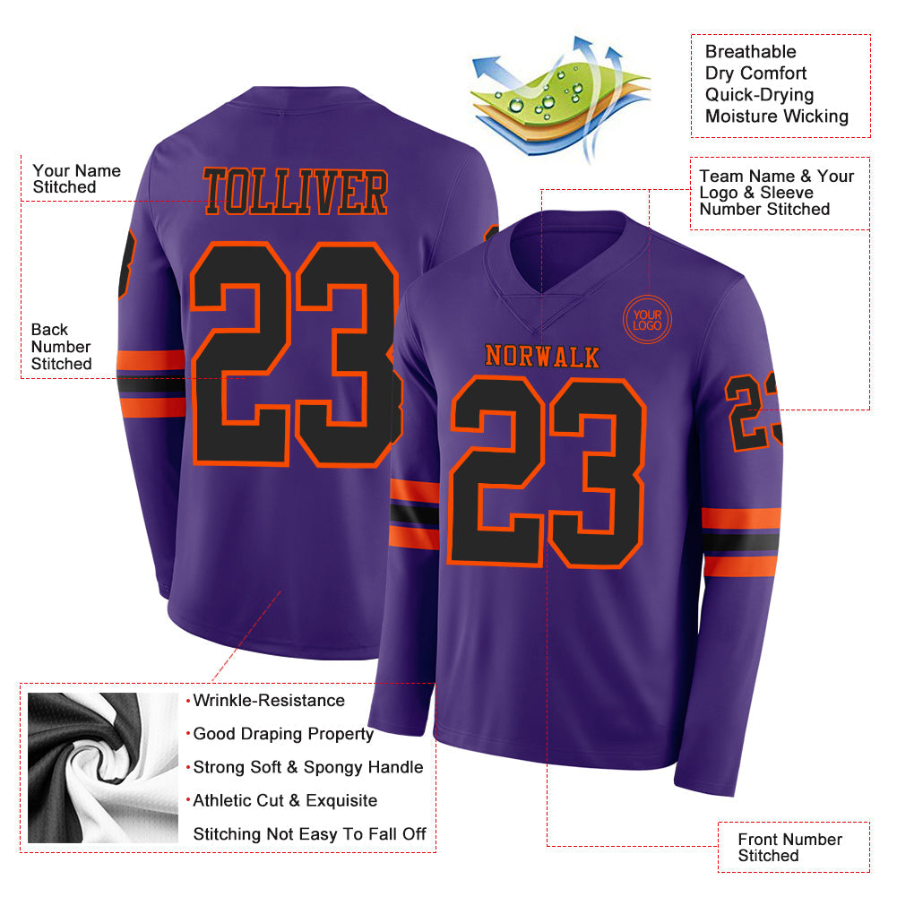 Custom Purple Black-Orange Long Sleeve Authentic Football Jersey