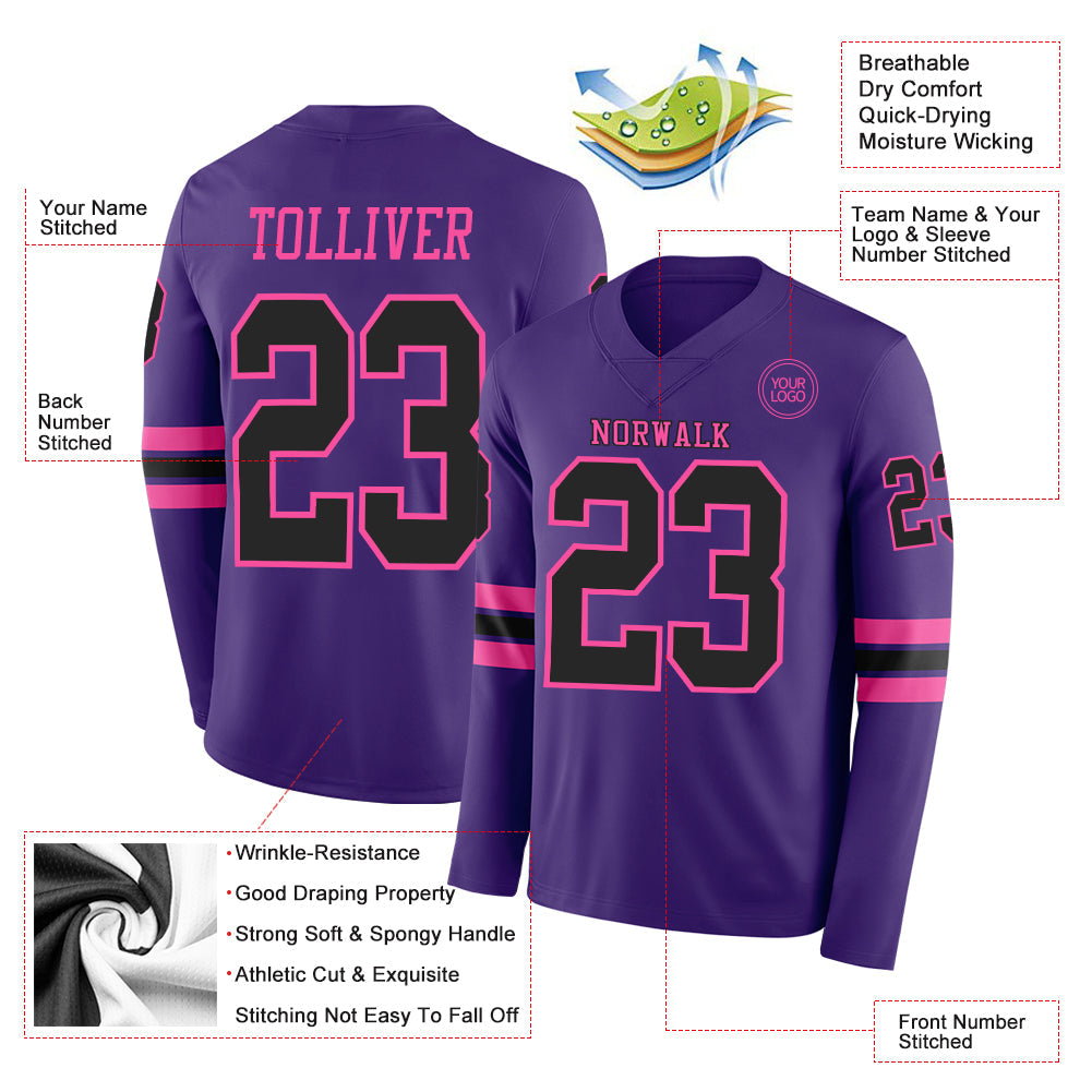 Custom Purple Black-Pink Long Sleeve Authentic Football Jersey