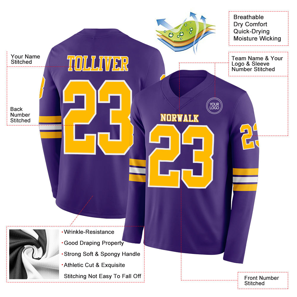 Custom Purple Gold-White Long Sleeve Authentic Football Jersey