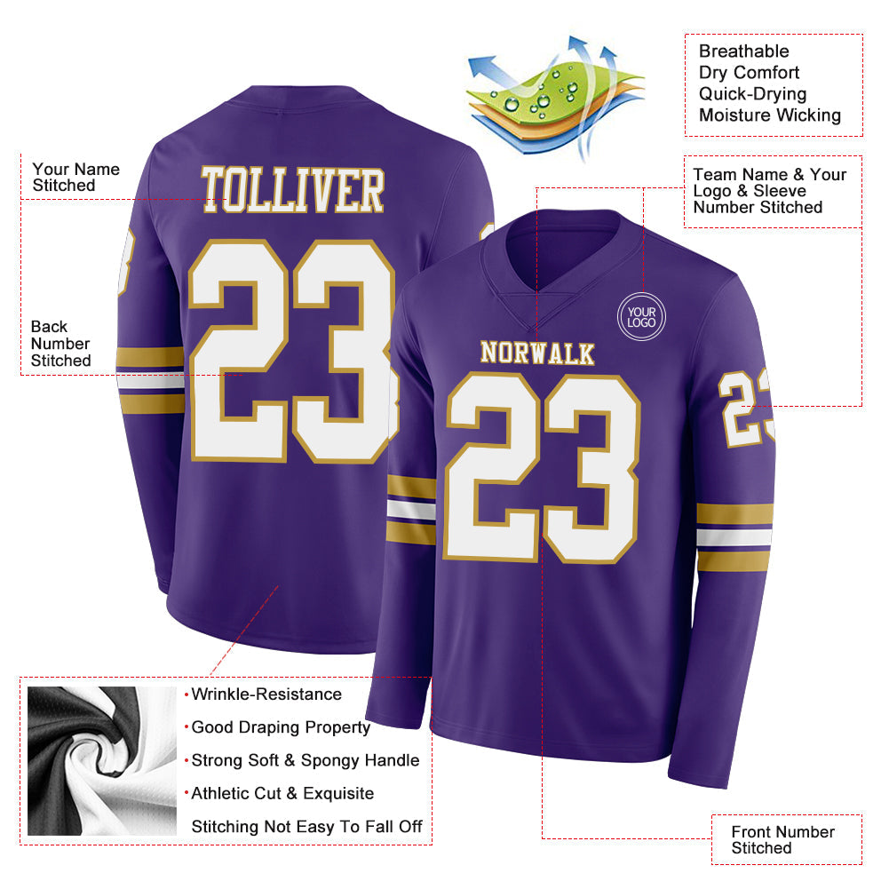 Custom Purple White-Old Gold Long Sleeve Authentic Football Jersey