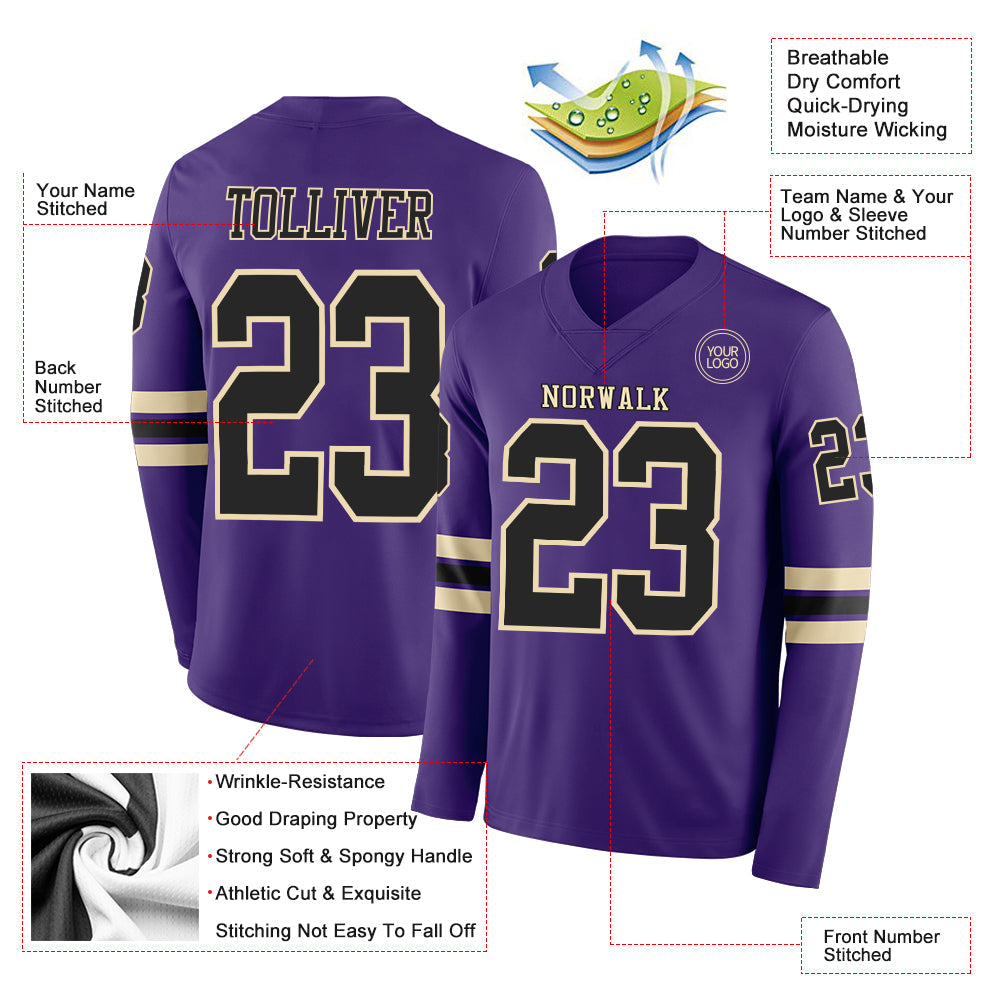 Custom Purple Black-Cream Long Sleeve Authentic Football Jersey