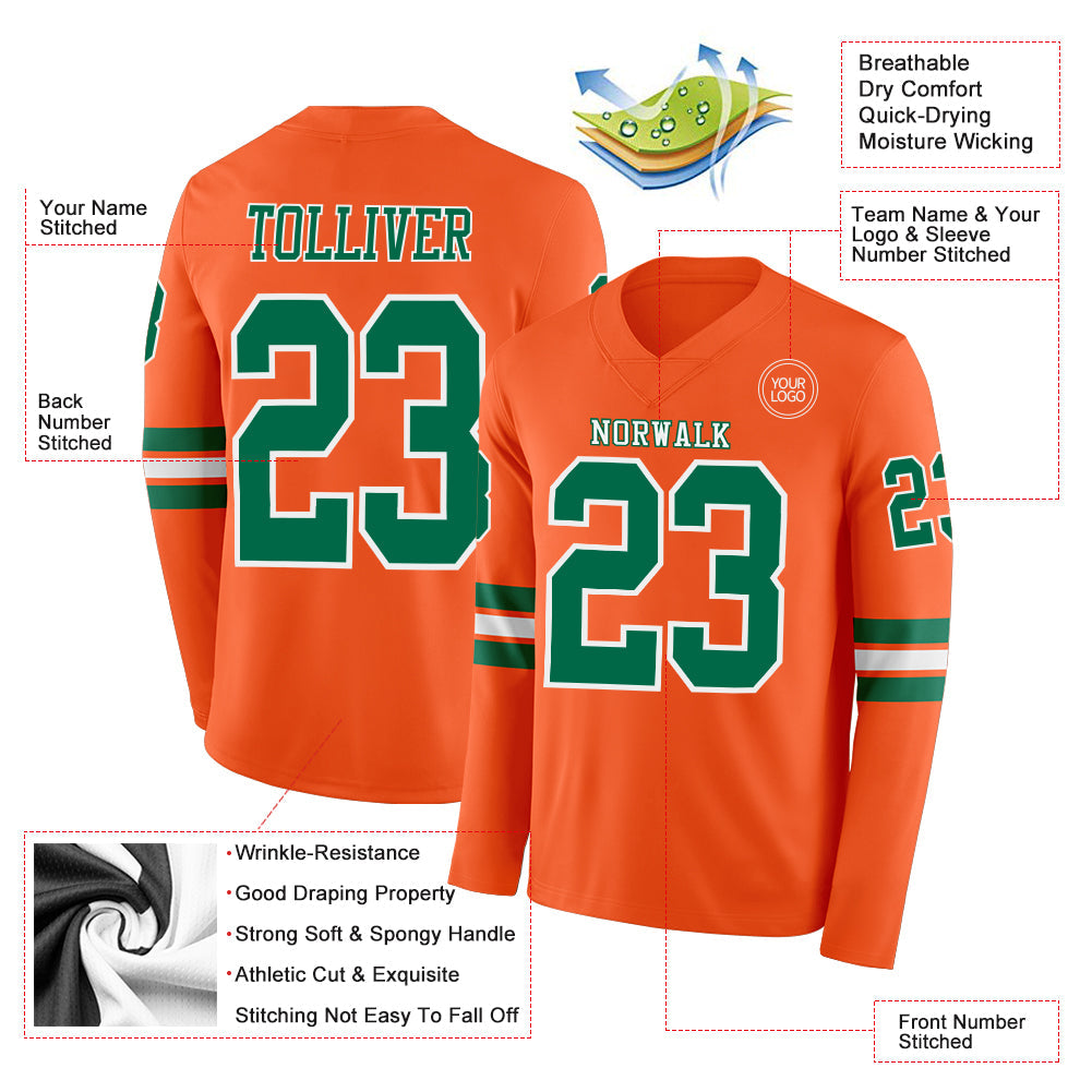 Custom Orange Kelly Green-White Long Sleeve Authentic Football Jersey