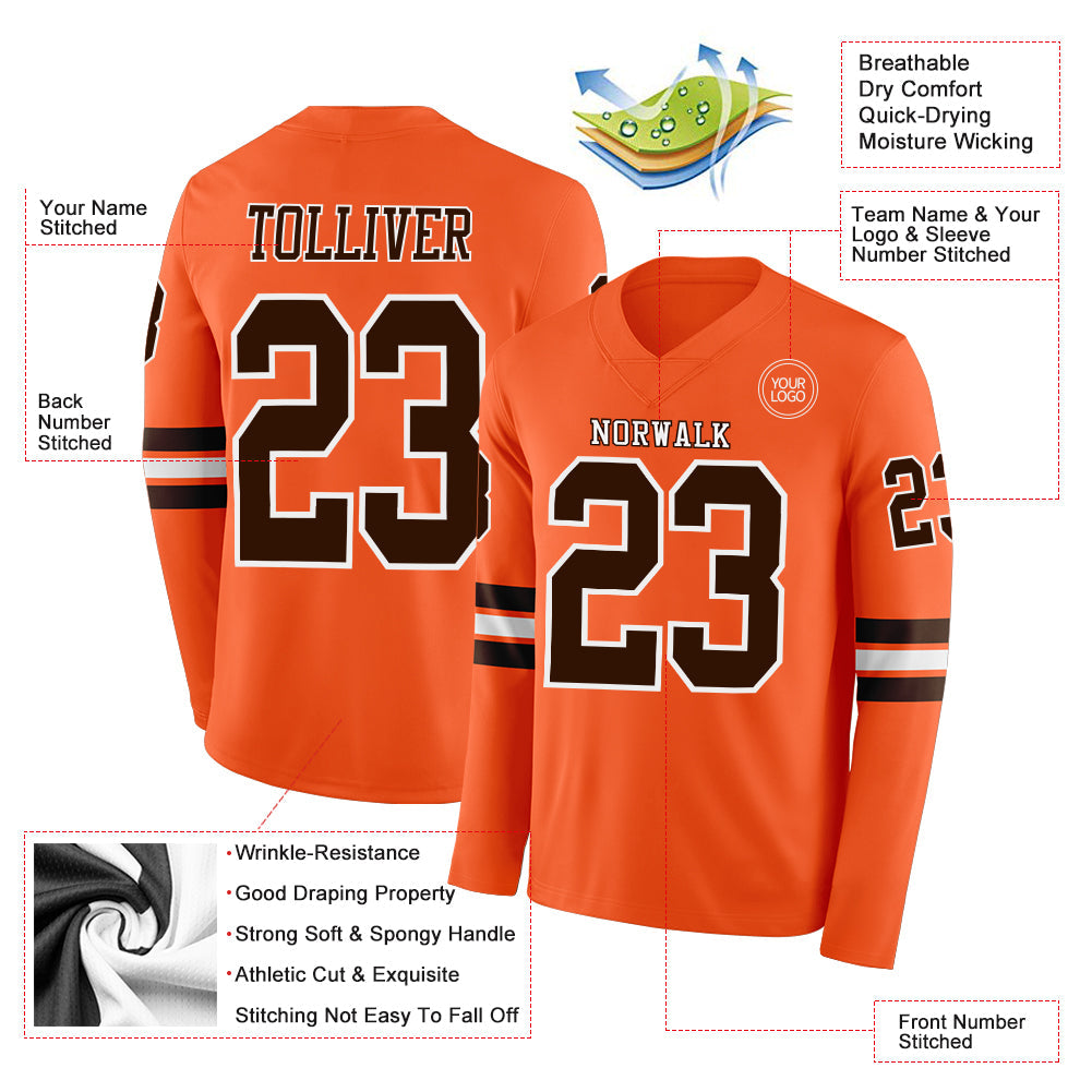 Custom Orange Brown-White Long Sleeve Authentic Football Jersey