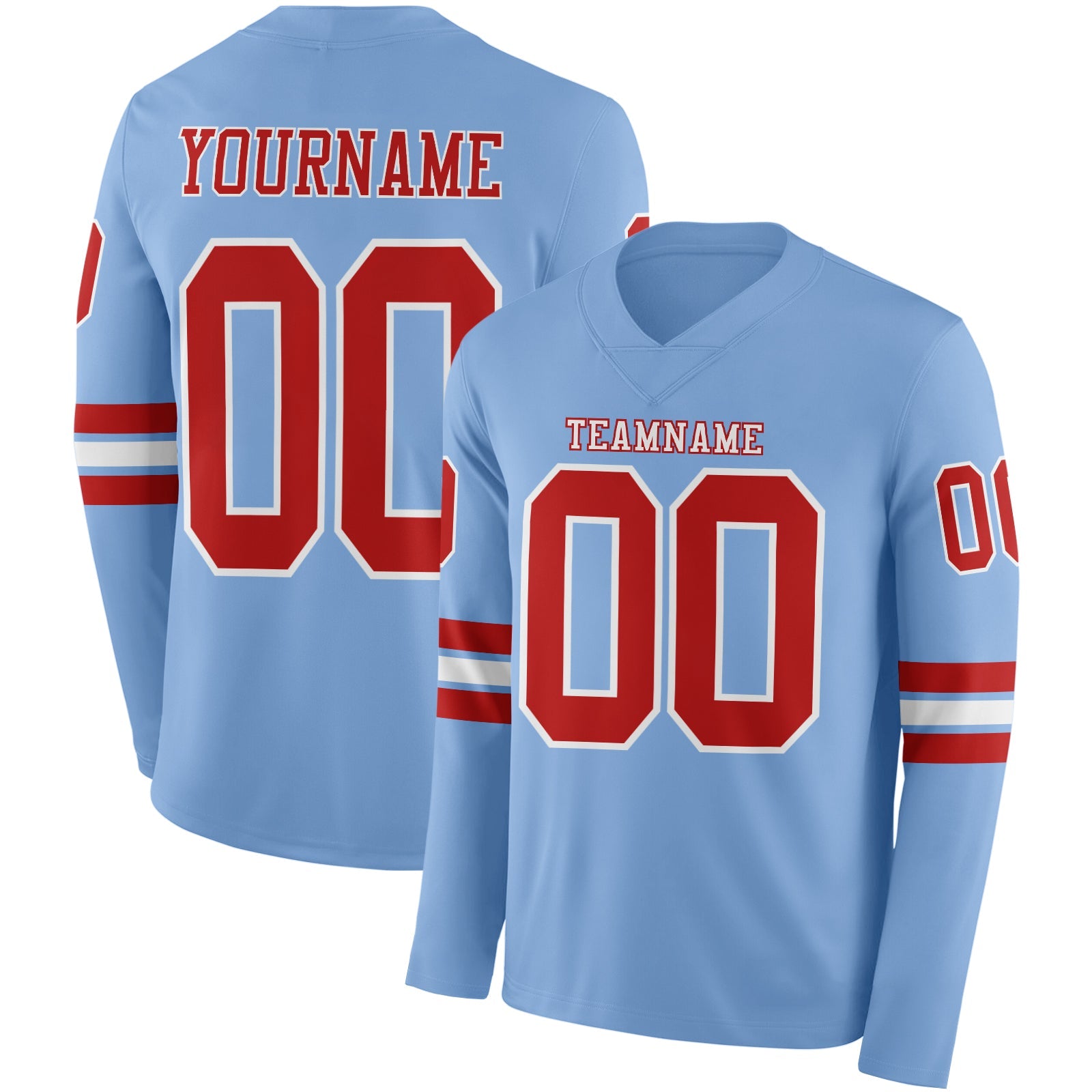 Custom Light Blue Red-White Long Sleeve Authentic Football Jersey