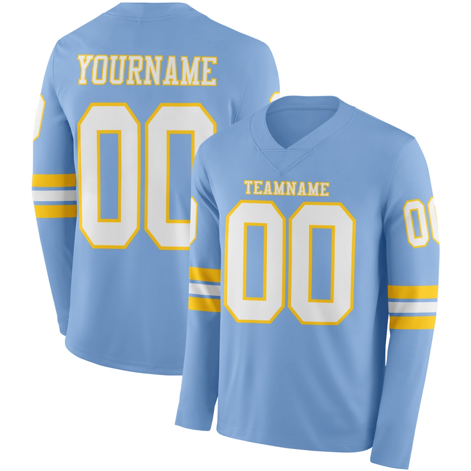 Custom Light Blue White-Yellow Long Sleeve Authentic Football Jersey