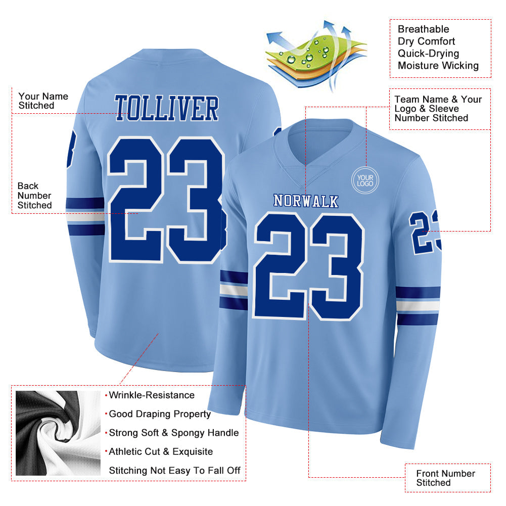 Custom Light Blue Royal-White Long Sleeve Authentic Football Jersey
