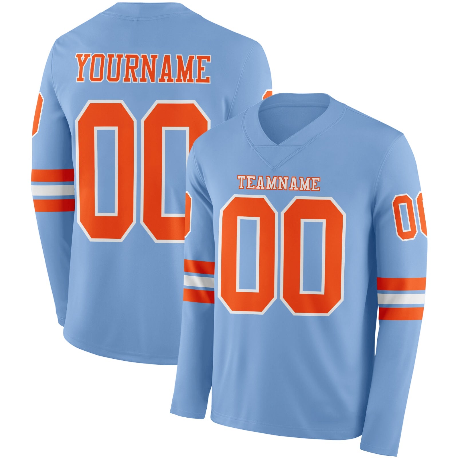 Custom Light Blue Orange-White Long Sleeve Authentic Football Jersey