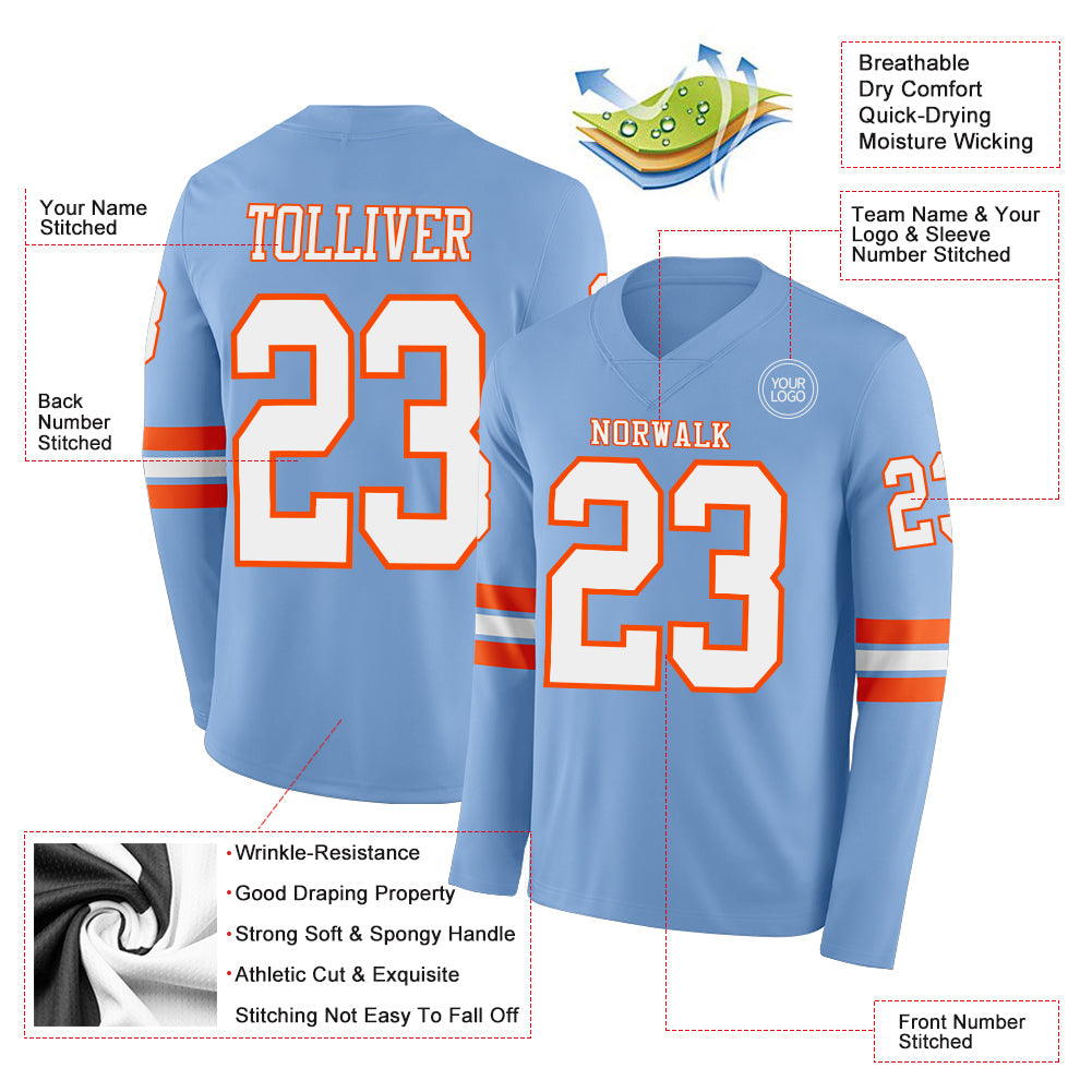 Custom Light Blue White-Orange Long Sleeve Authentic Football Jersey