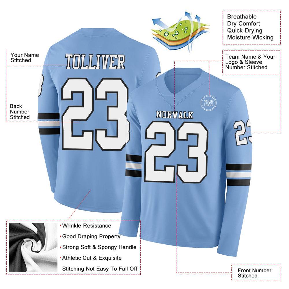 Custom Light Blue White-Black Long Sleeve Authentic Football Jersey