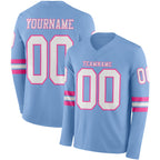 Custom Light Blue White-Pink Long Sleeve Authentic Football Jersey