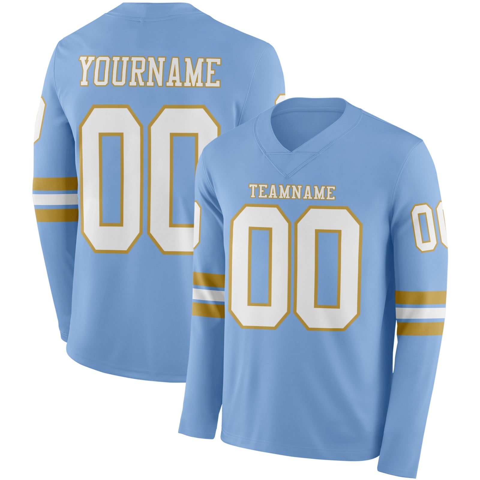 Custom Light Blue White-Old Gold Long Sleeve Authentic Football Jersey