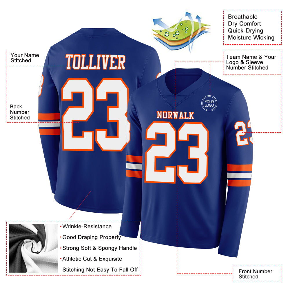 Custom Royal White-Orange Long Sleeve Authentic Football Jersey