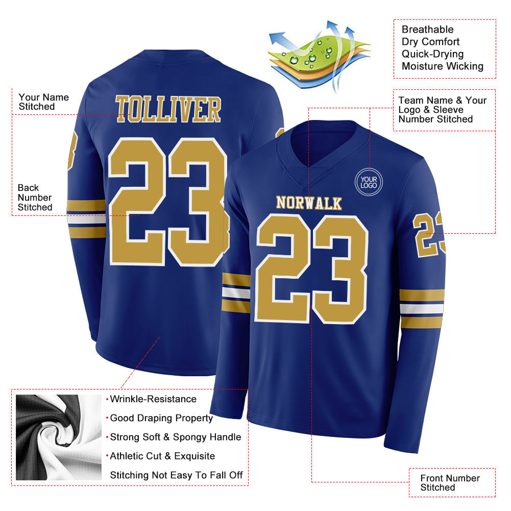 Custom Royal Old Gold-White Long Sleeve Authentic Football Jersey