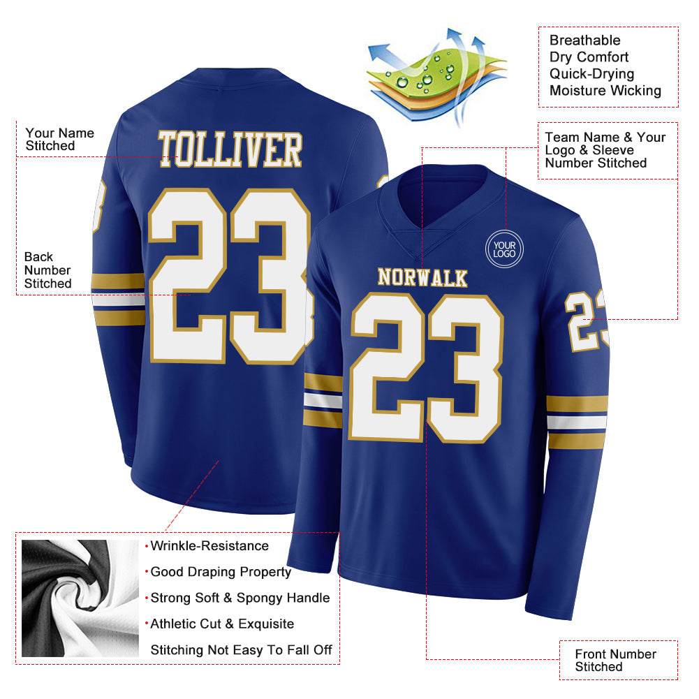 Custom Royal White-Old Gold Long Sleeve Authentic Football Jersey
