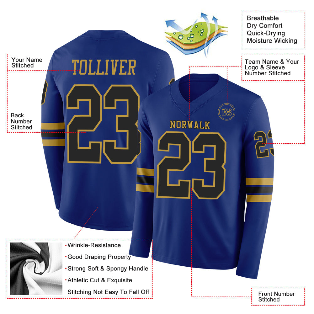 Custom Royal Black-Old Gold Long Sleeve Authentic Football Jersey
