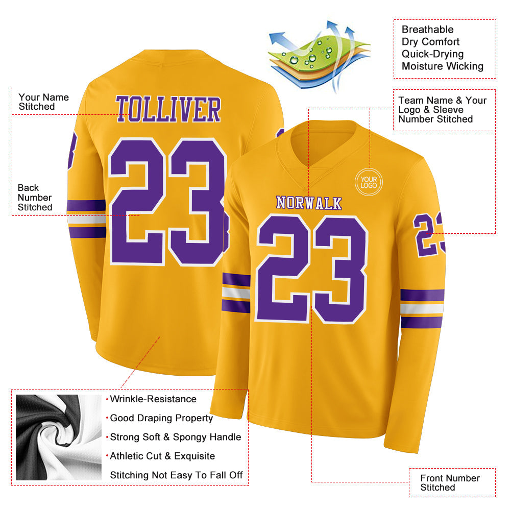 Custom Gold Purple-White Long Sleeve Authentic Football Jersey