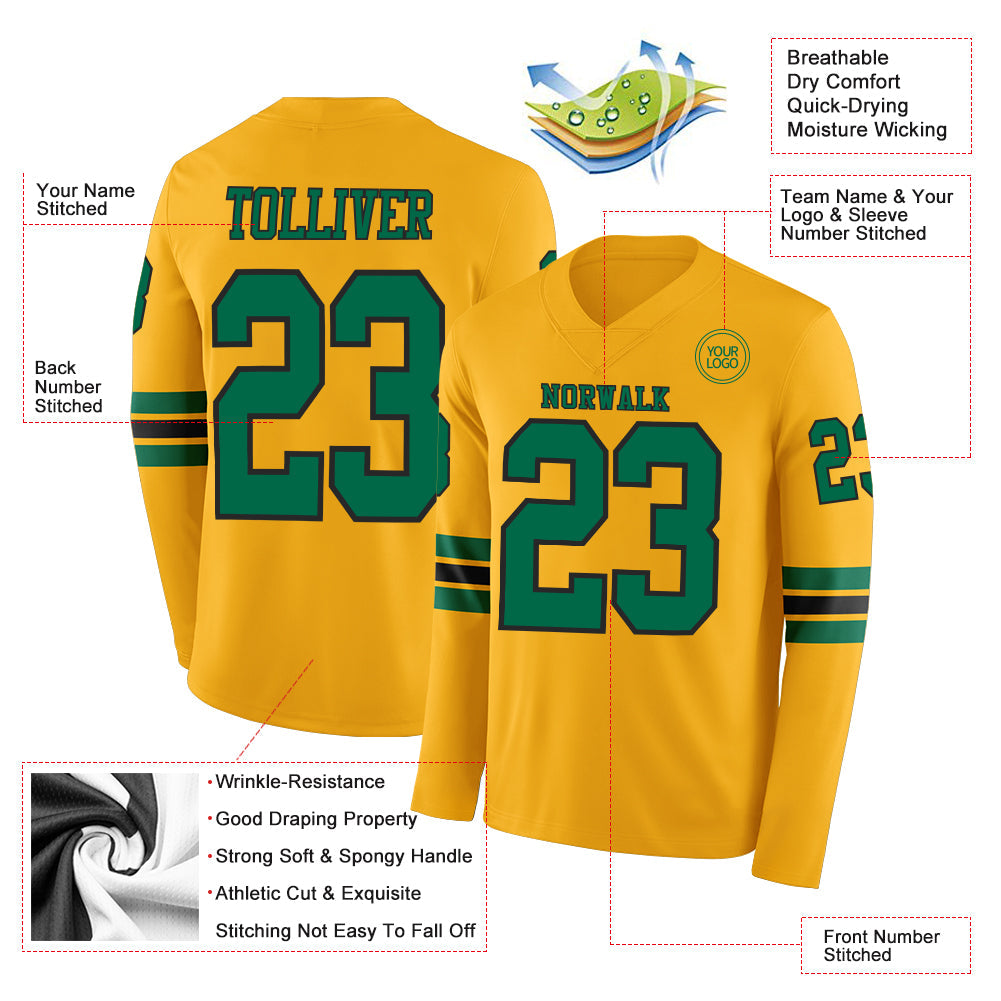 Custom Gold Kelly Green-Black Long Sleeve Authentic Football Jersey