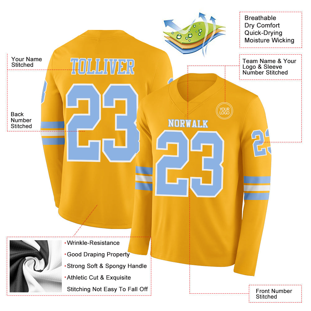 Custom Gold Light Blue-White Long Sleeve Authentic Football Jersey