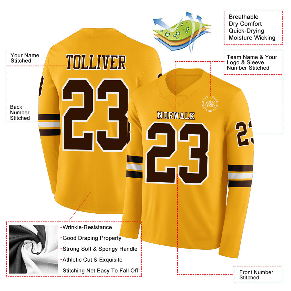 Custom Gold Brown-White Long Sleeve Authentic Football Jersey