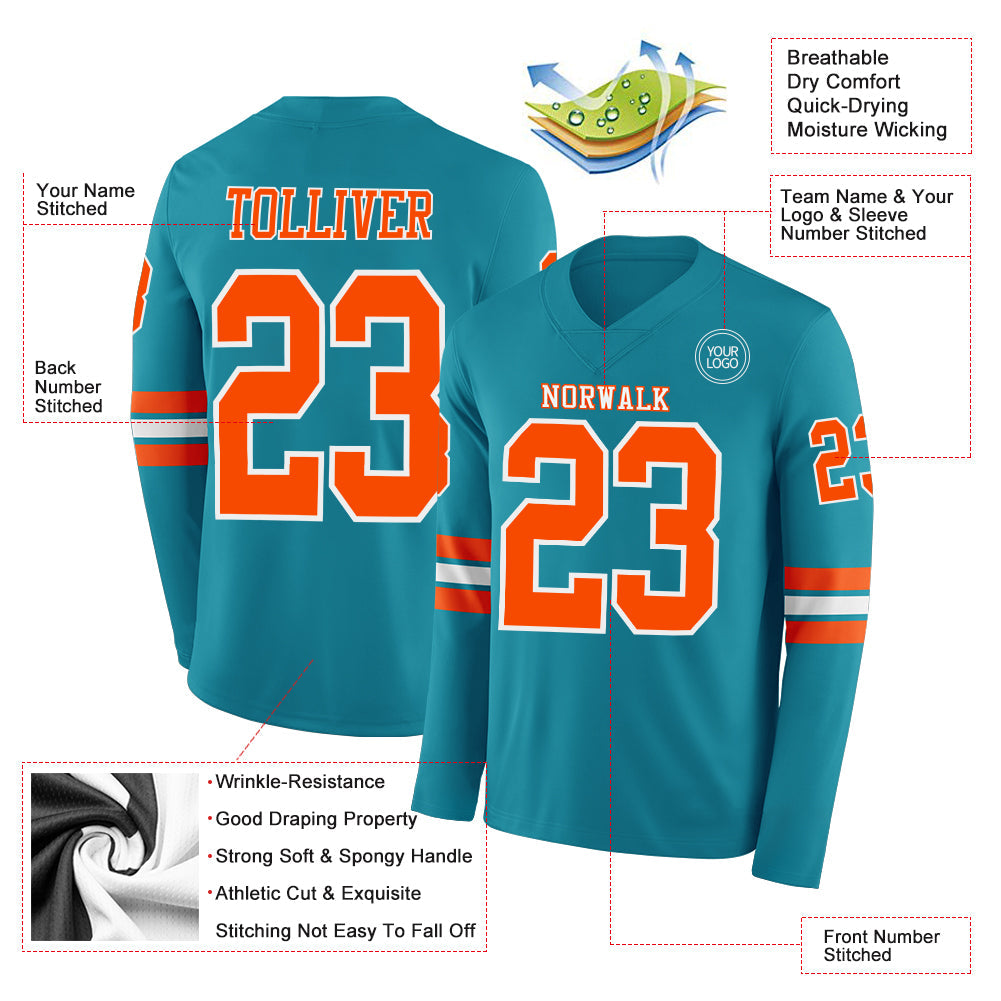 Custom Teal Orange-White Long Sleeve Authentic Football Jersey