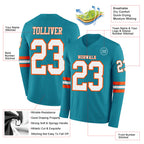 Custom Teal White-Orange Long Sleeve Authentic Football Jersey