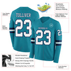 Custom Teal White-Navy Long Sleeve Authentic Football Jersey
