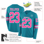 Custom Teal Pink-White Long Sleeve Authentic Football Jersey