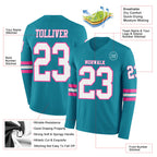 Custom Teal White-Pink Long Sleeve Authentic Football Jersey