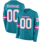 Custom Teal White-Pink Long Sleeve Authentic Football Jersey