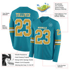 Custom Teal Old Gold-White Long Sleeve Authentic Football Jersey