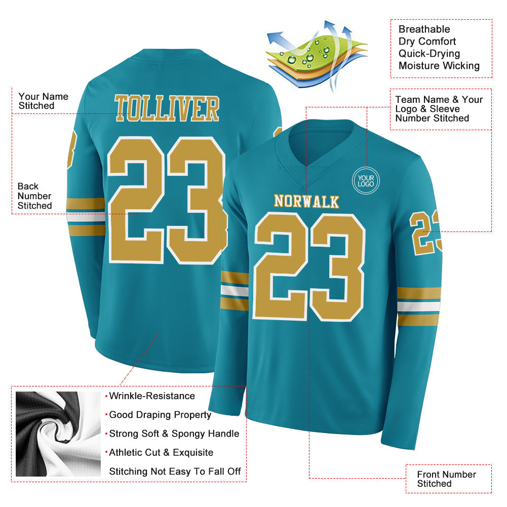 Custom Teal Old Gold-White Long Sleeve Authentic Football Jersey