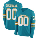 Custom Teal White-Old Gold Long Sleeve Authentic Football Jersey