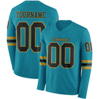 Custom Teal Black-Old Gold Long Sleeve Authentic Football Jersey