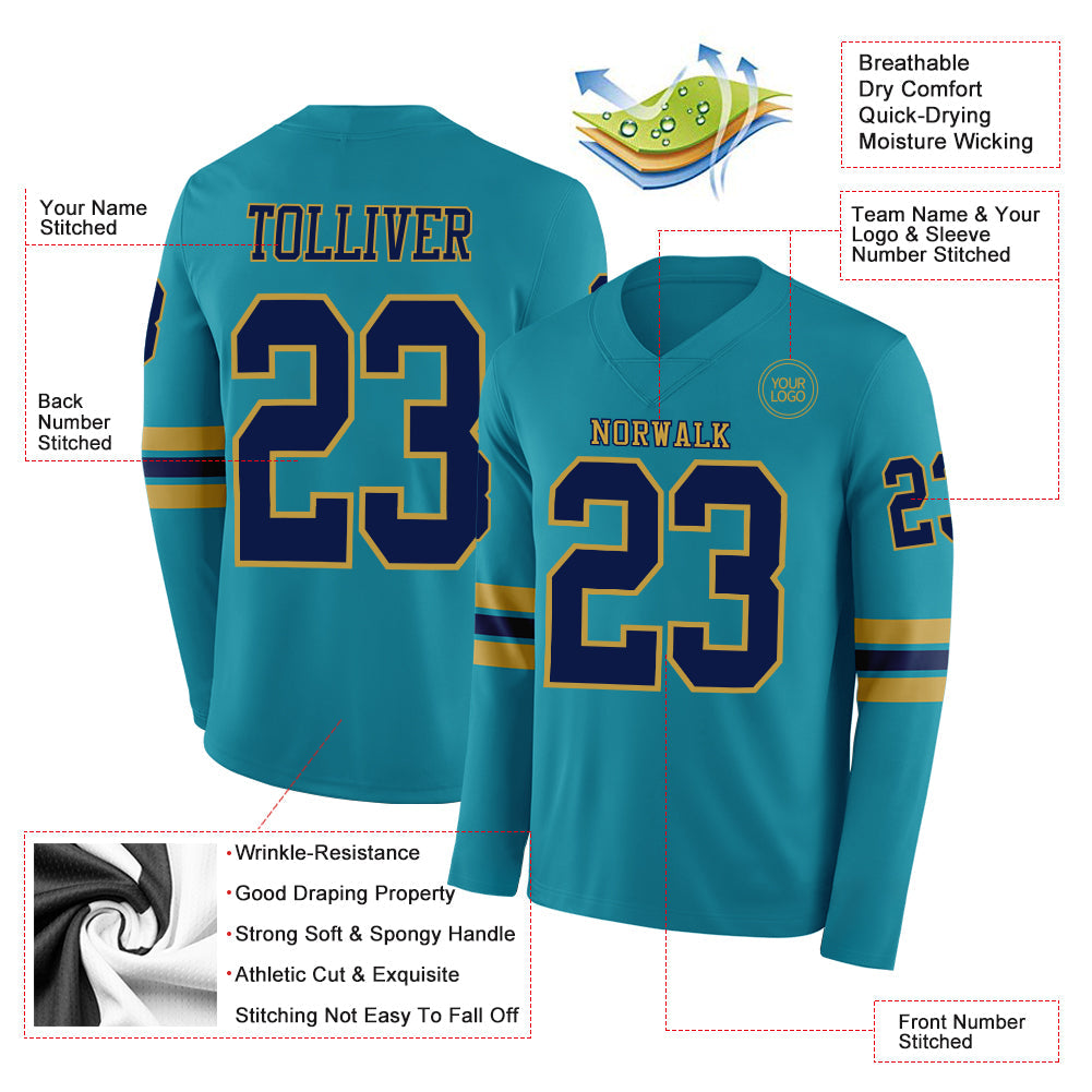 Custom Teal Navy-Old Gold Long Sleeve Authentic Football Jersey