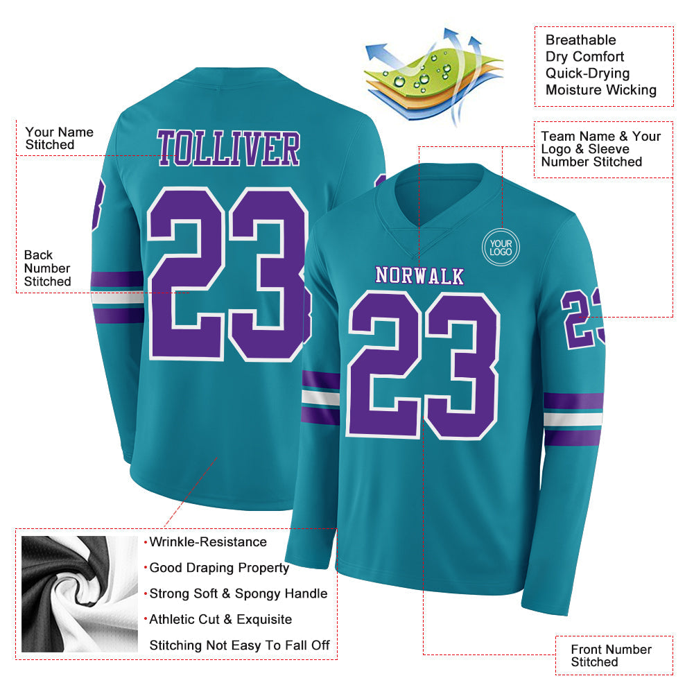 Custom Teal Purple-White Long Sleeve Authentic Football Jersey