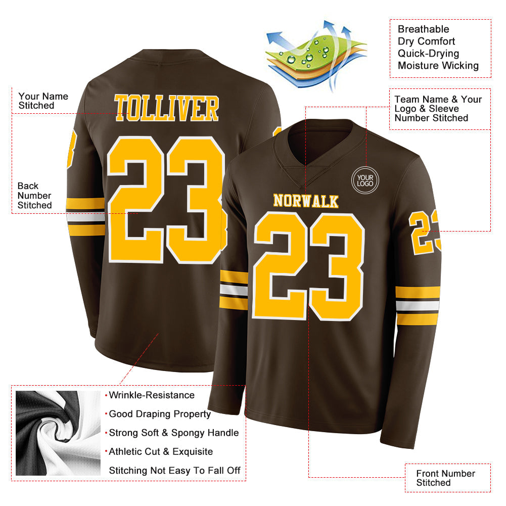 Custom Brown Gold-White Long Sleeve Authentic Football Jersey