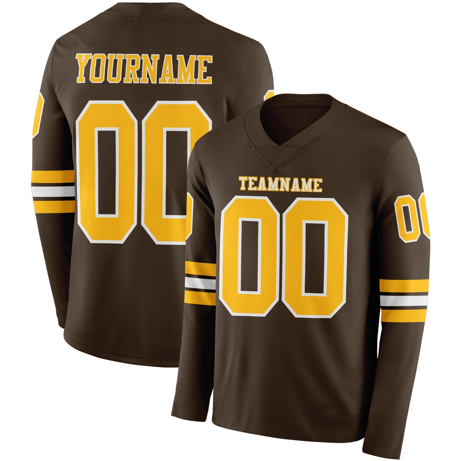 Custom Brown Gold-White Long Sleeve Authentic Football Jersey