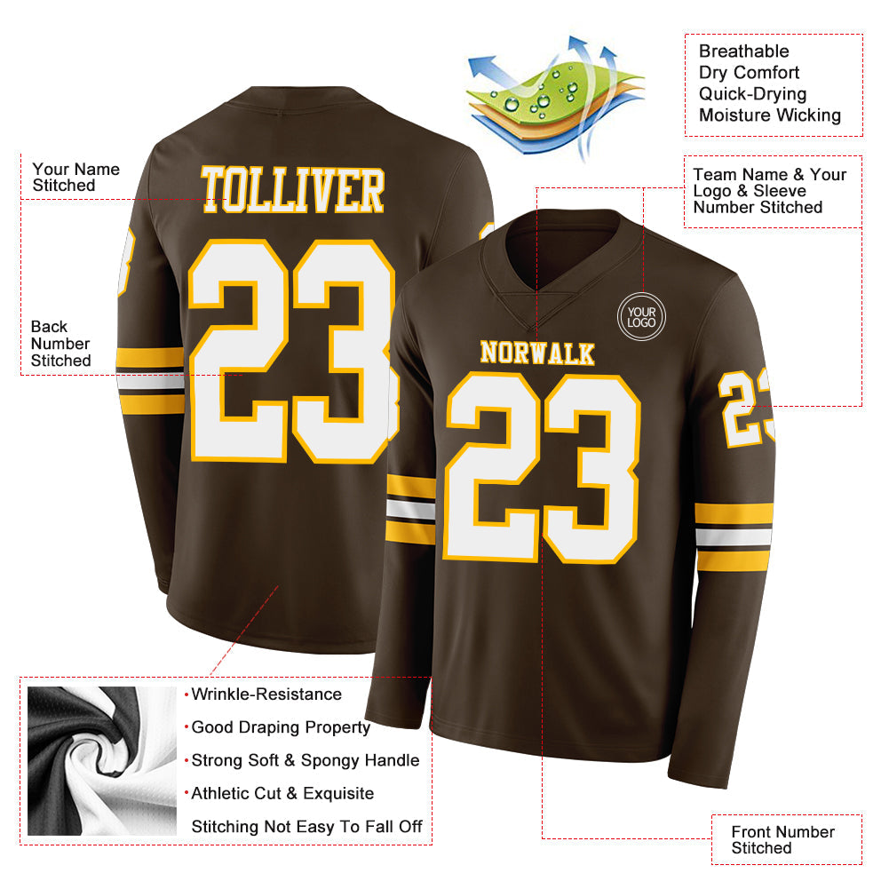 Custom Brown White-Gold Long Sleeve Authentic Football Jersey