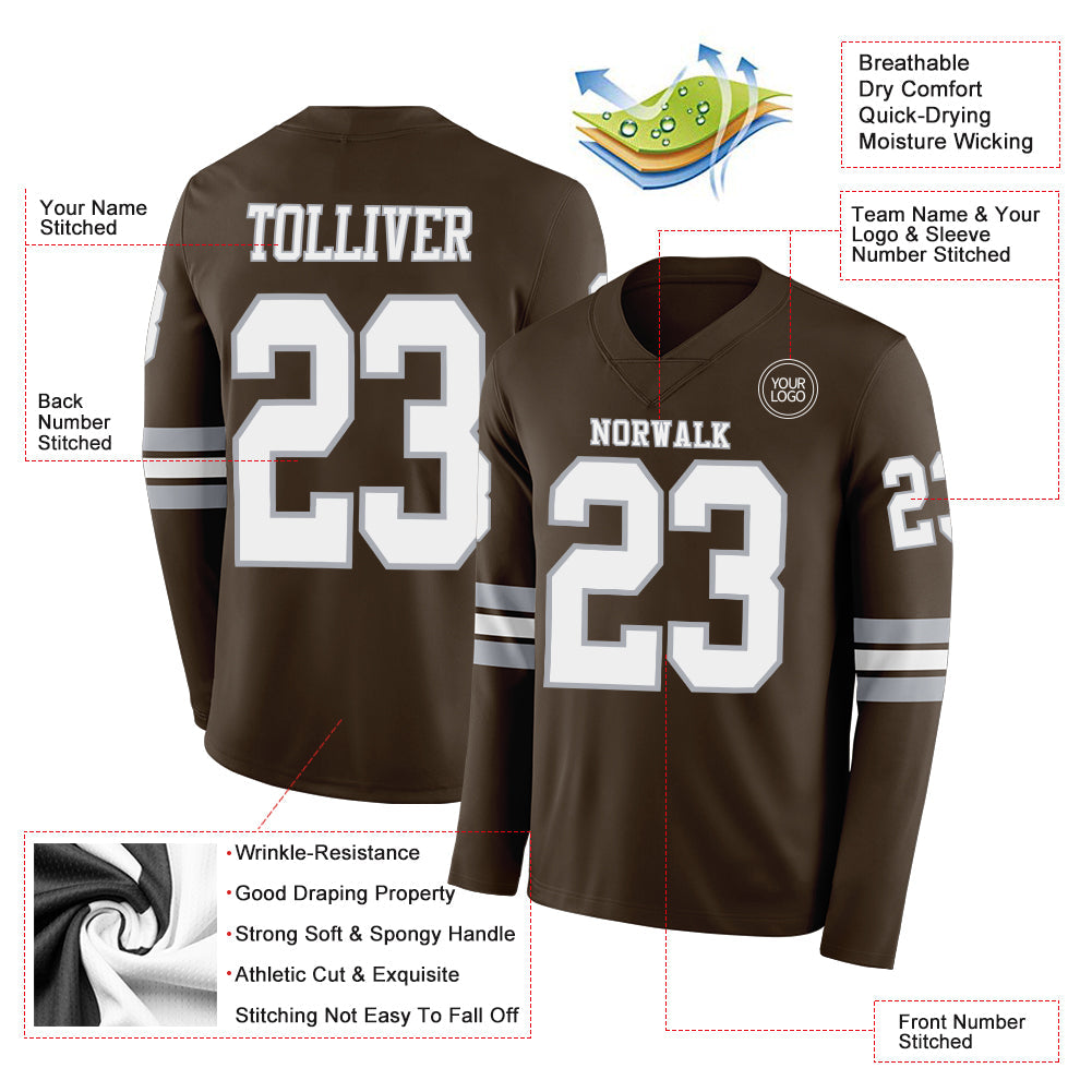 Custom Brown White-Gray Long Sleeve Authentic Football Jersey